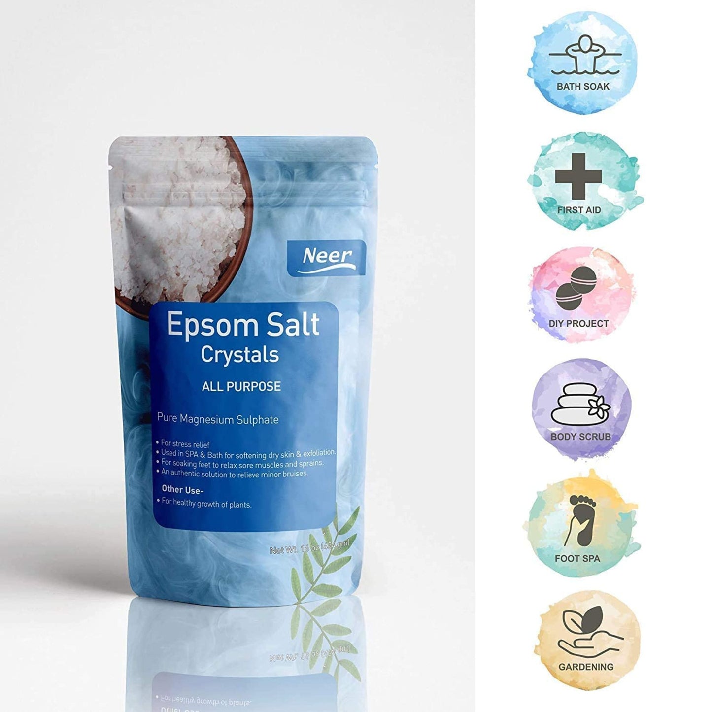 Bag of Epsom Salt Crystals with Neer branding on a white background