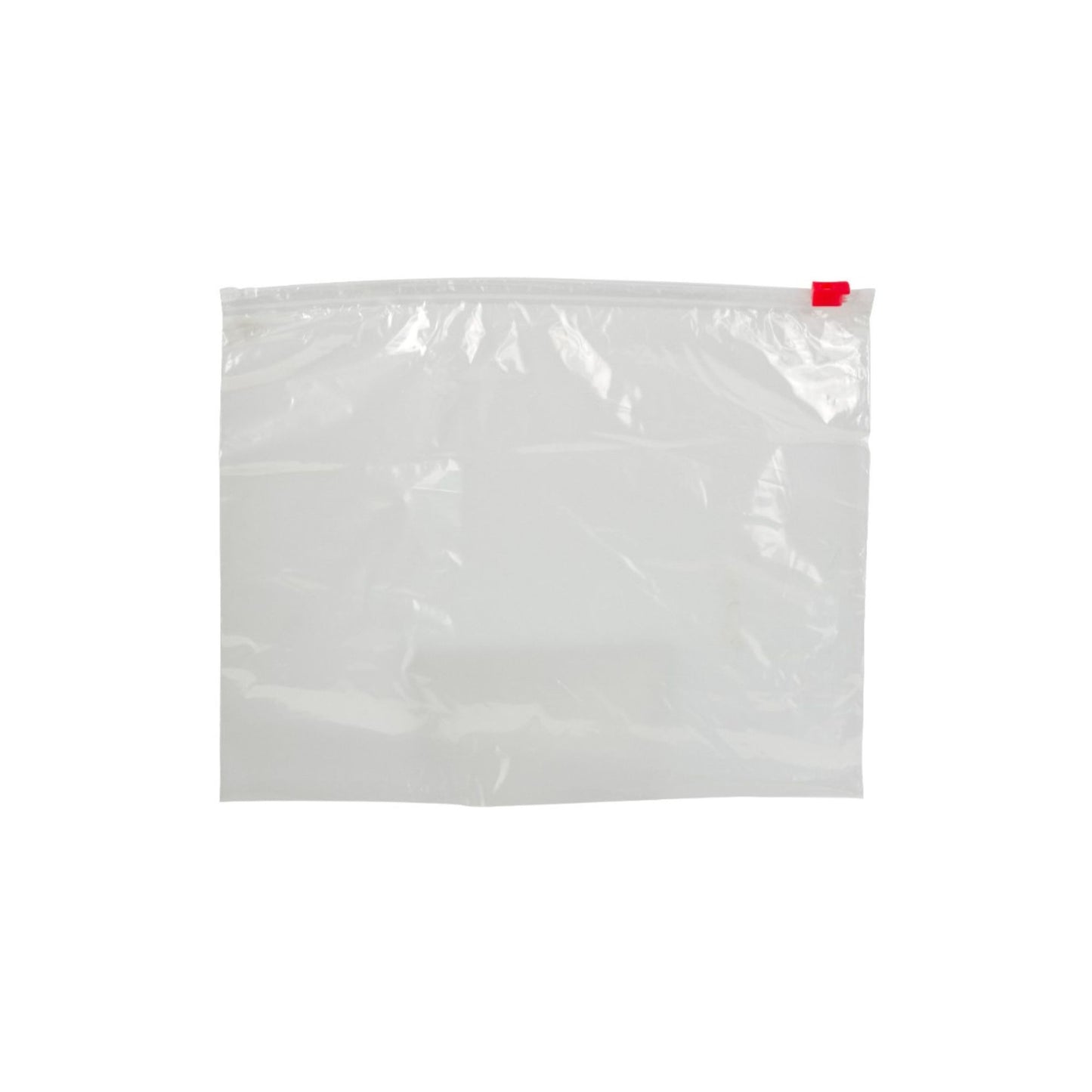 Clear plastic bag with a red tag on a white background