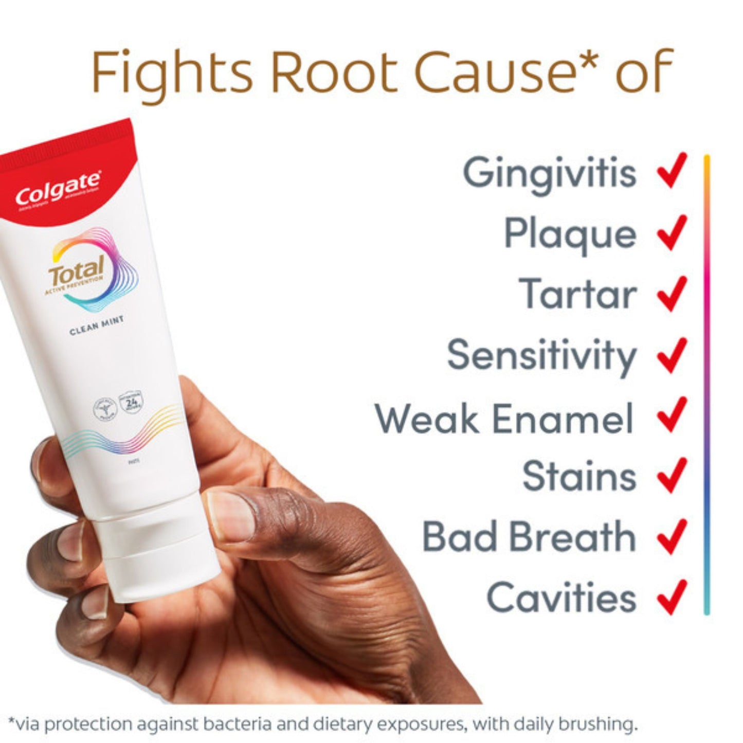 Colgate Total toothpaste tube held by a hand with list of dental benefits on a white background