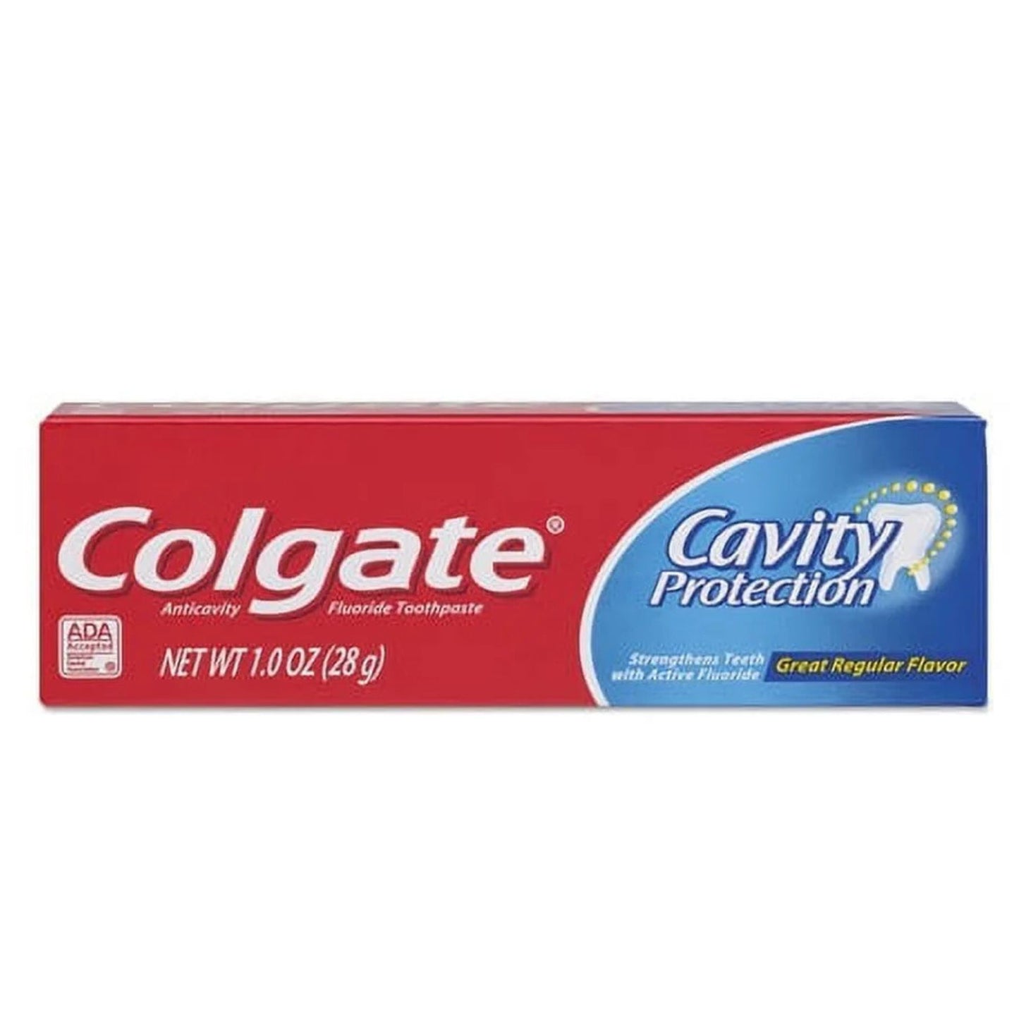 Colgate toothpaste tube with red and blue packaging on a white background