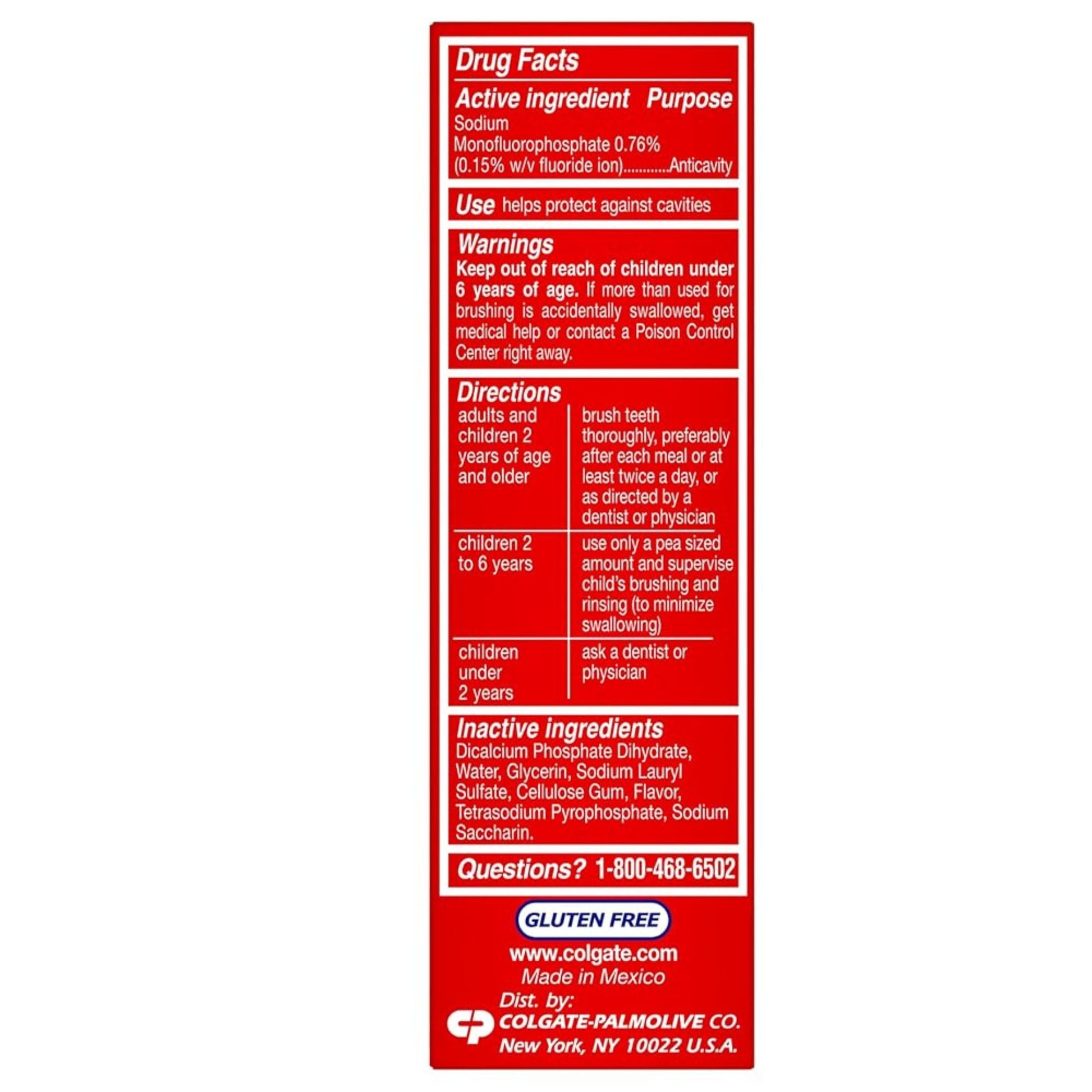 Red label with white text containing drug facts, directions, and contact information on a white background