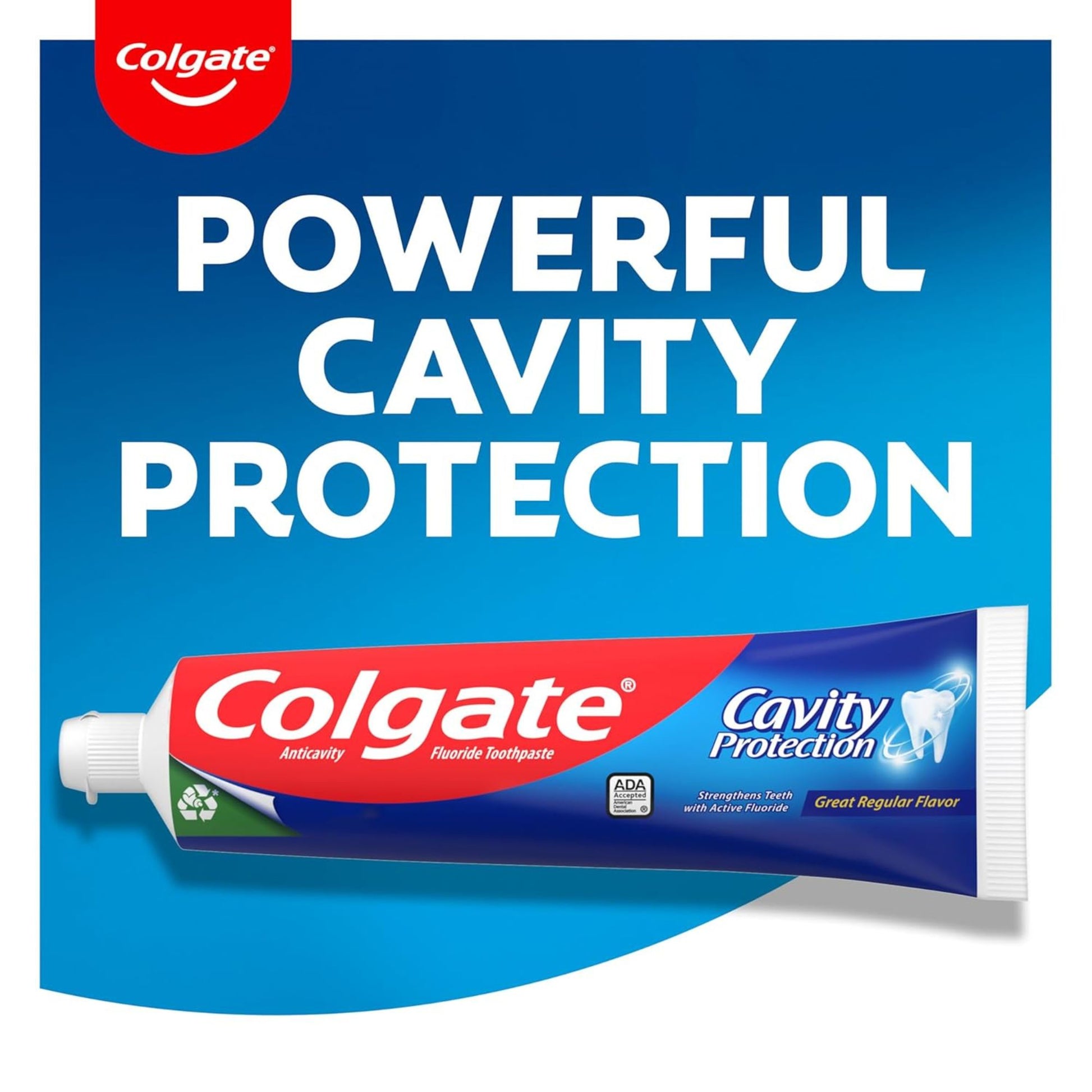 Colgate toothpaste tube with 'Powerful Cavity Protection' text on a blue background