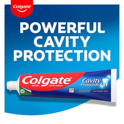 Colgate toothpaste tube with 'Powerful Cavity Protection' text on a blue background