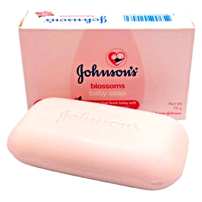 Johnson's Blossoms baby soap bar with packaging in the background