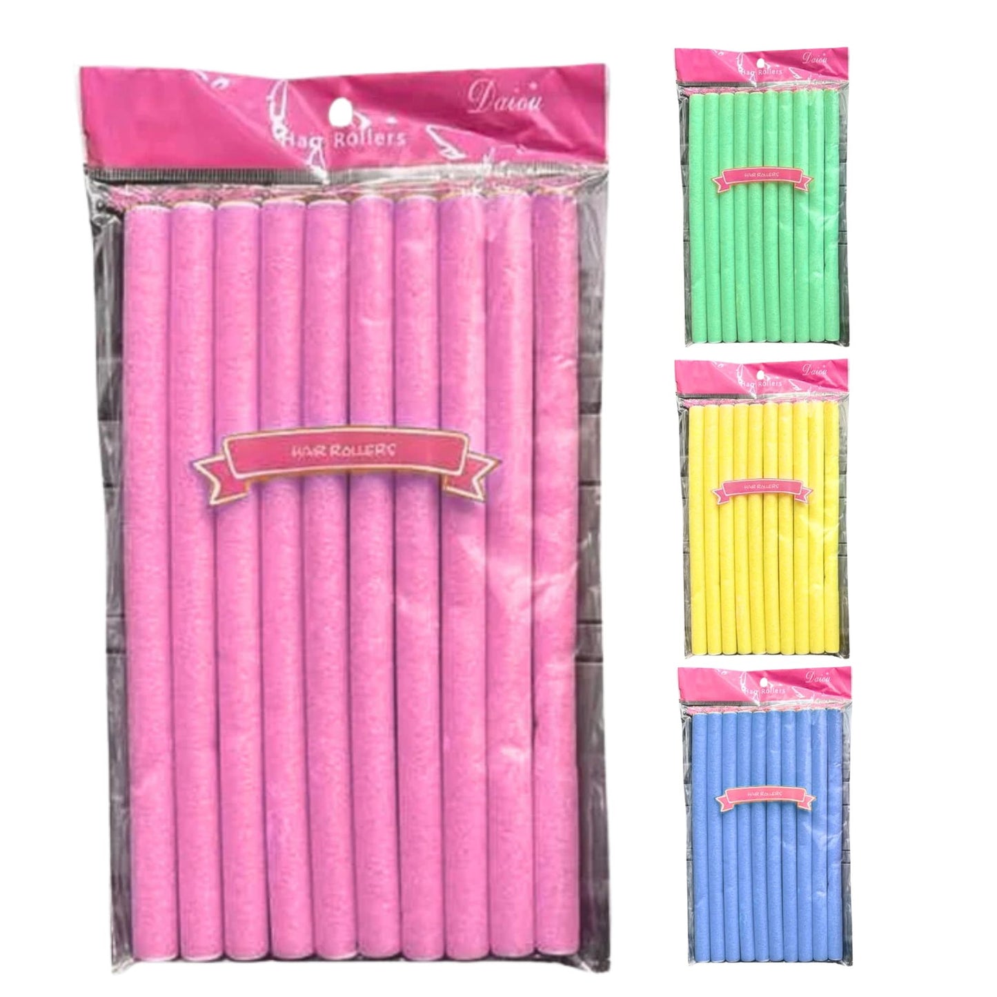 Packaged pink hair rollers with a visible brand name on a white background