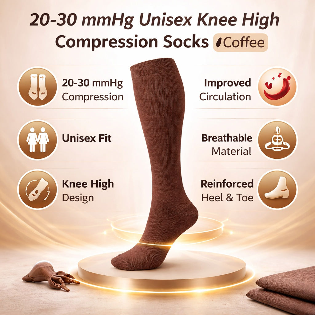 Brown knee-high compression sock with features listed on a beige background