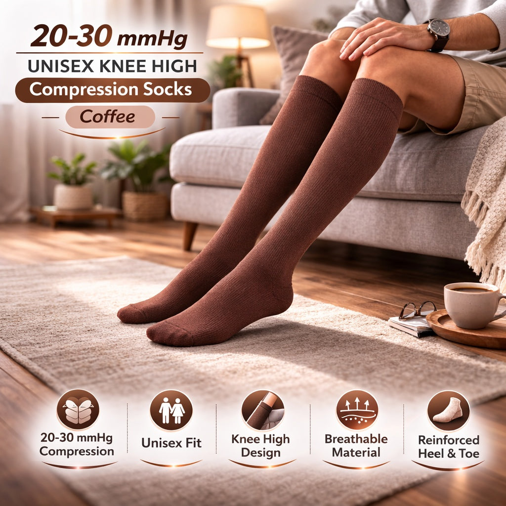 Person wearing coffee-colored compression socks in a living room setting with product features displayed.