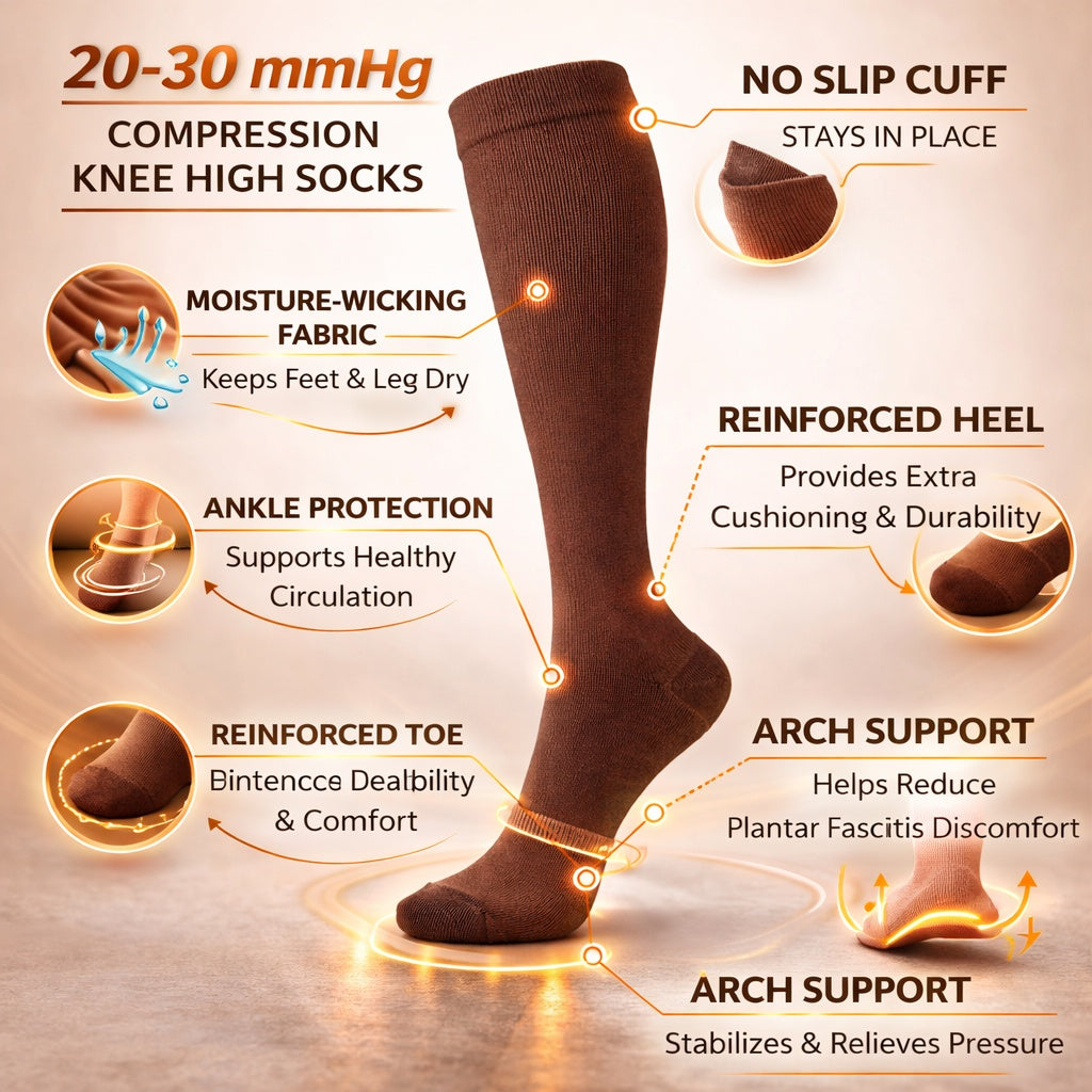Brown compression knee high sock with features highlighted on a beige background