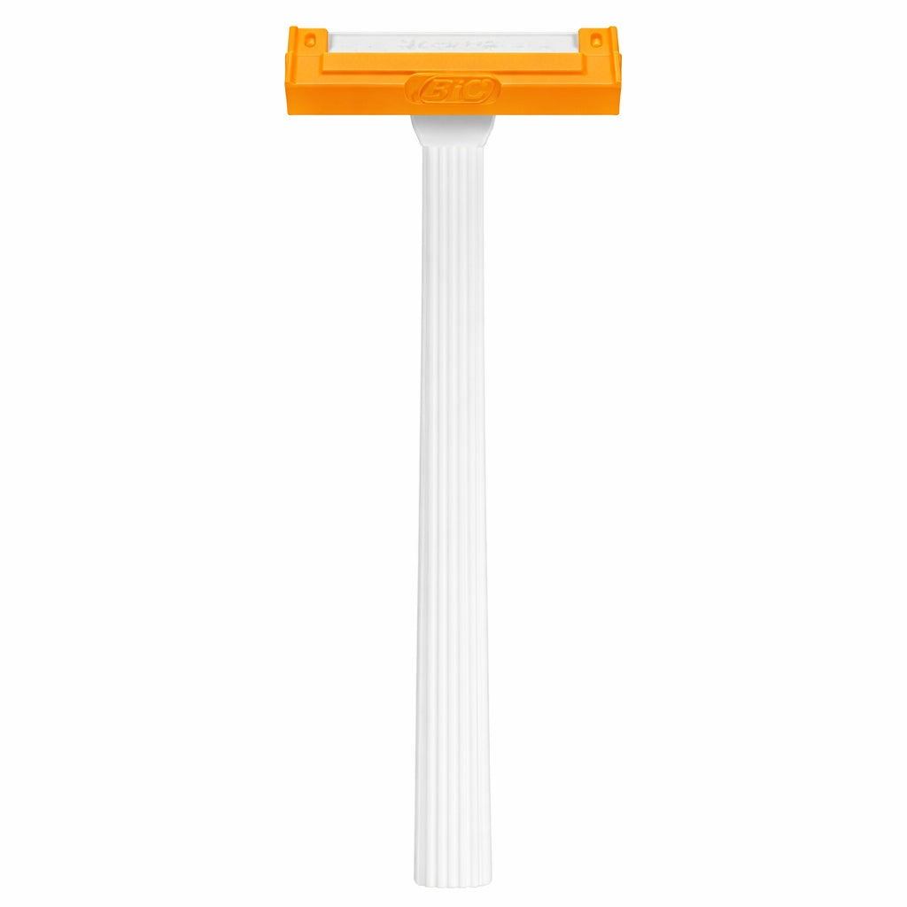 White razor with orange handle on a white background