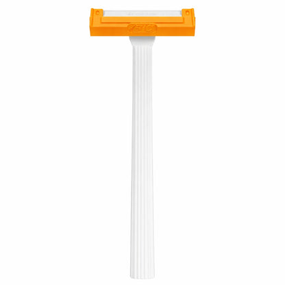 White razor with orange handle on a white background