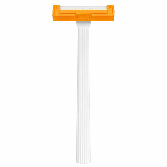 White razor with orange handle on a white background