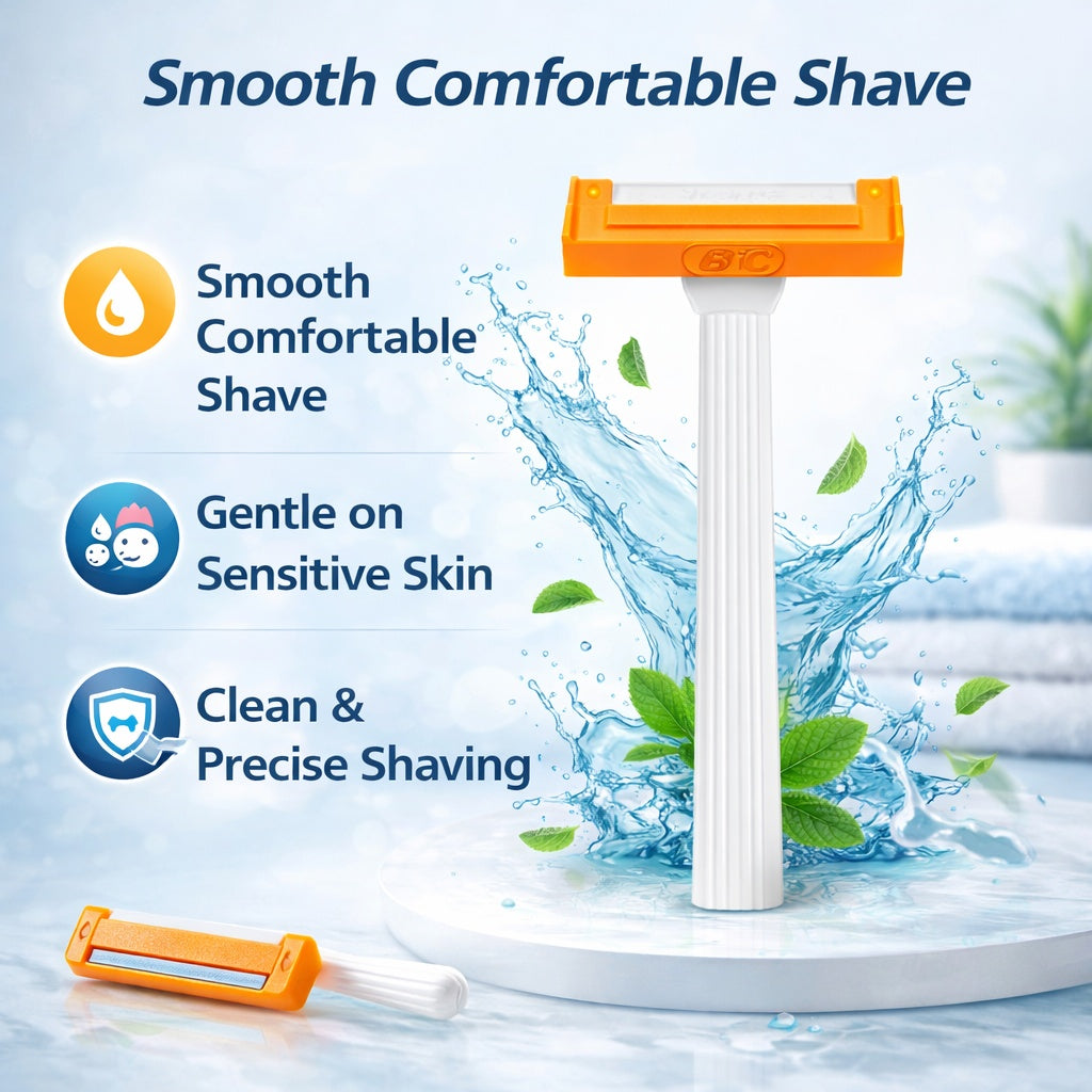 Shaving razor with water splash and mint leaves on a light blue background