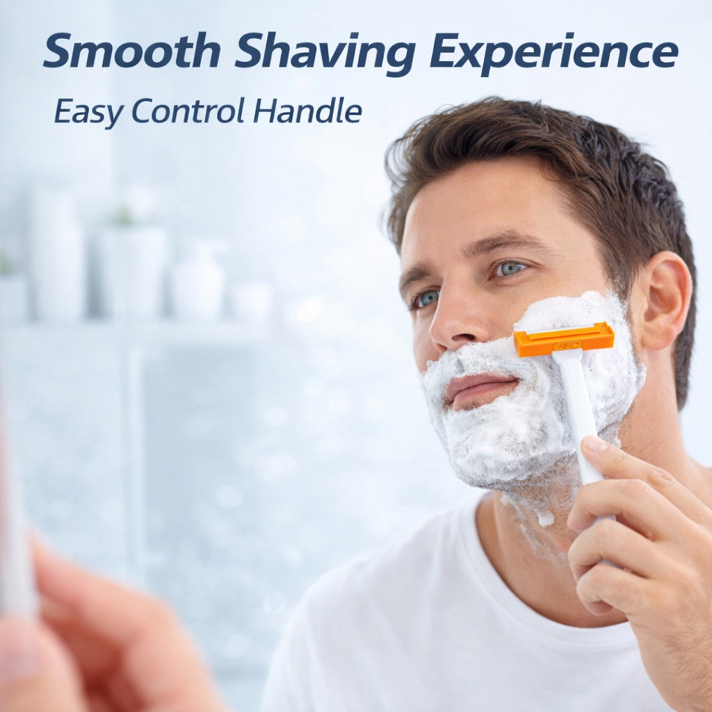 Man using a razor with shaving cream on his face, text 'Smooth Shaving Experience' and 'Easy Control Handle' above.