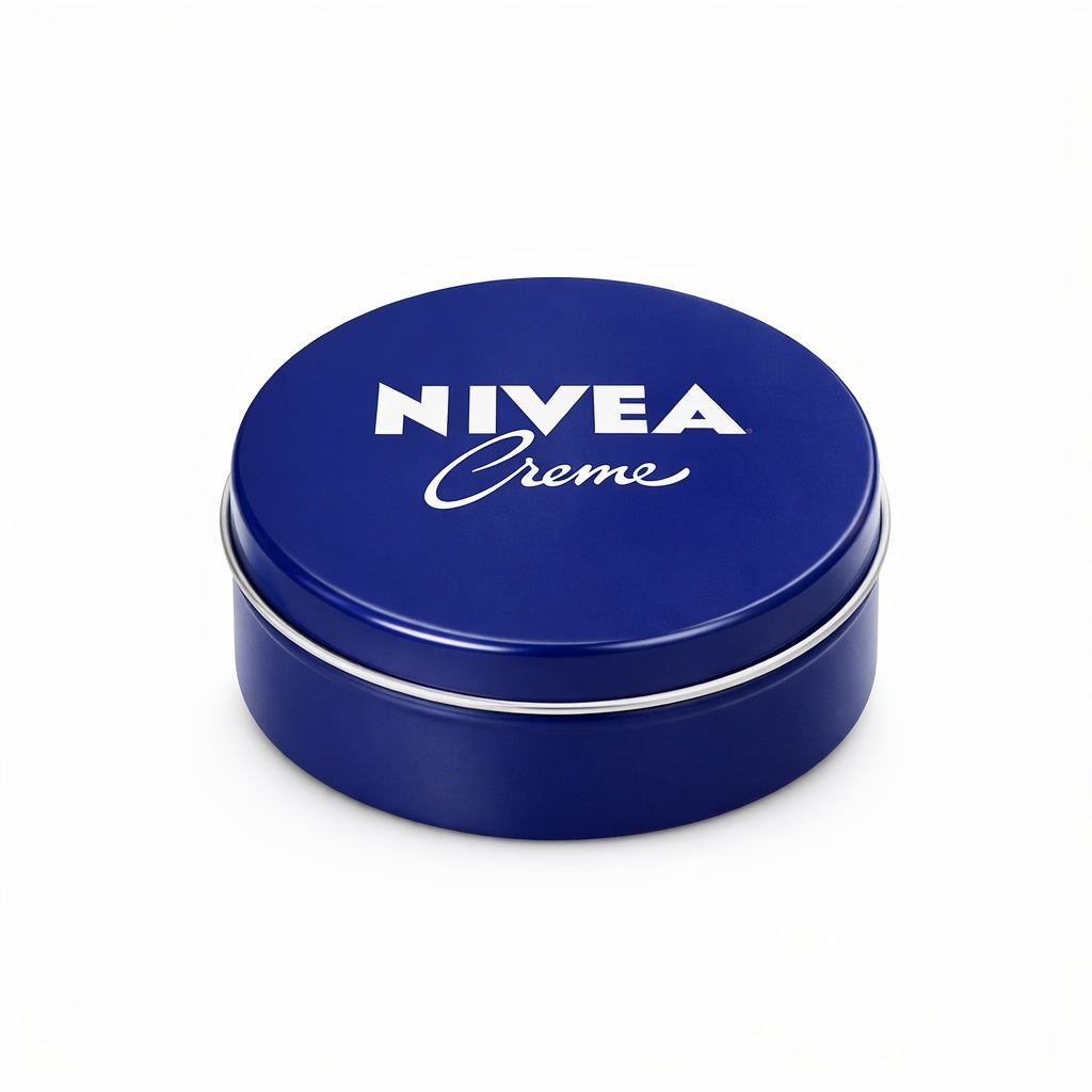 Nivea creme tin with blue lid on a white background