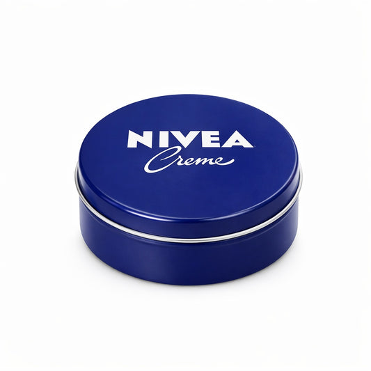 Nivea creme tin with blue lid on a white background