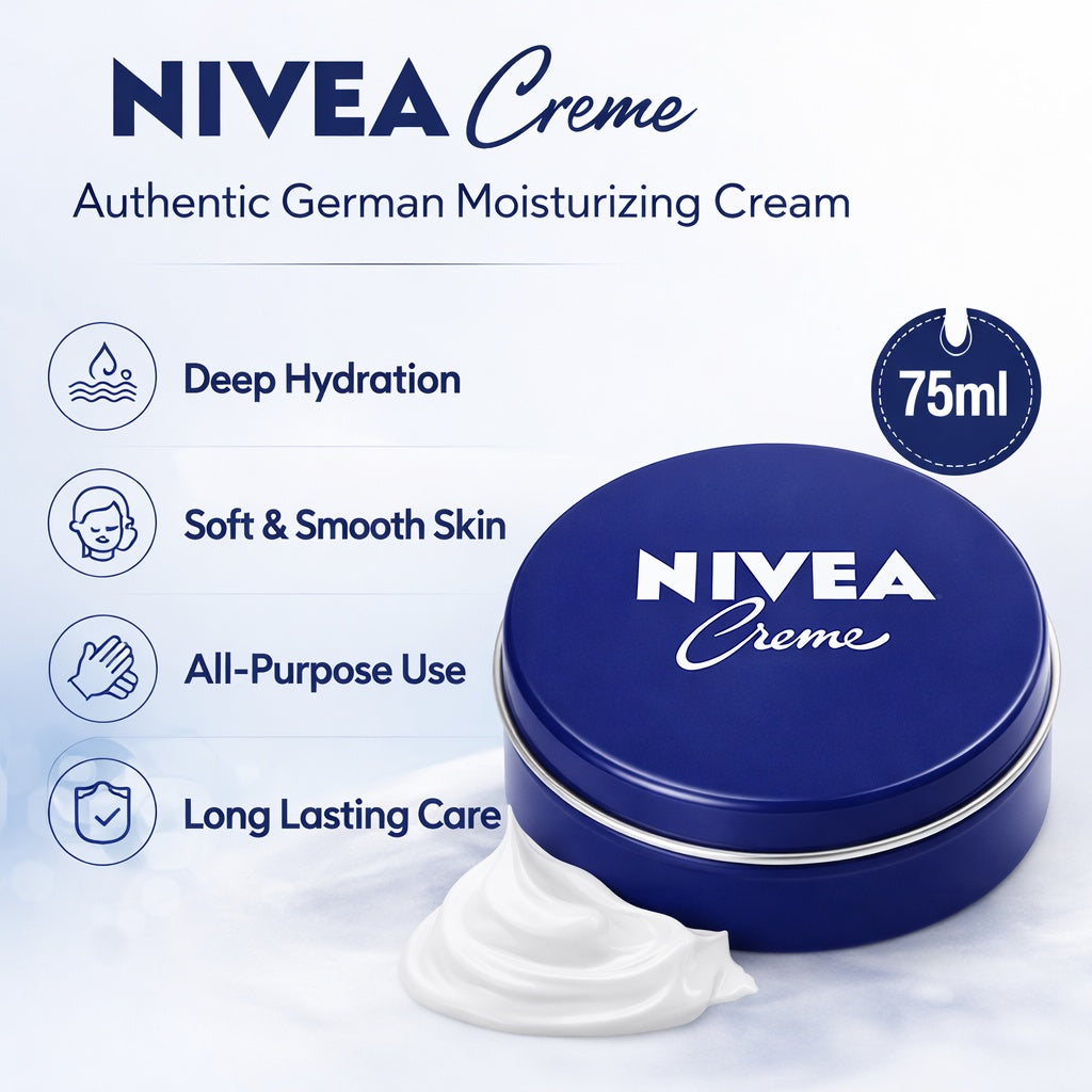 NIVEA Creme container with cream outside, featuring product benefits on a white background.