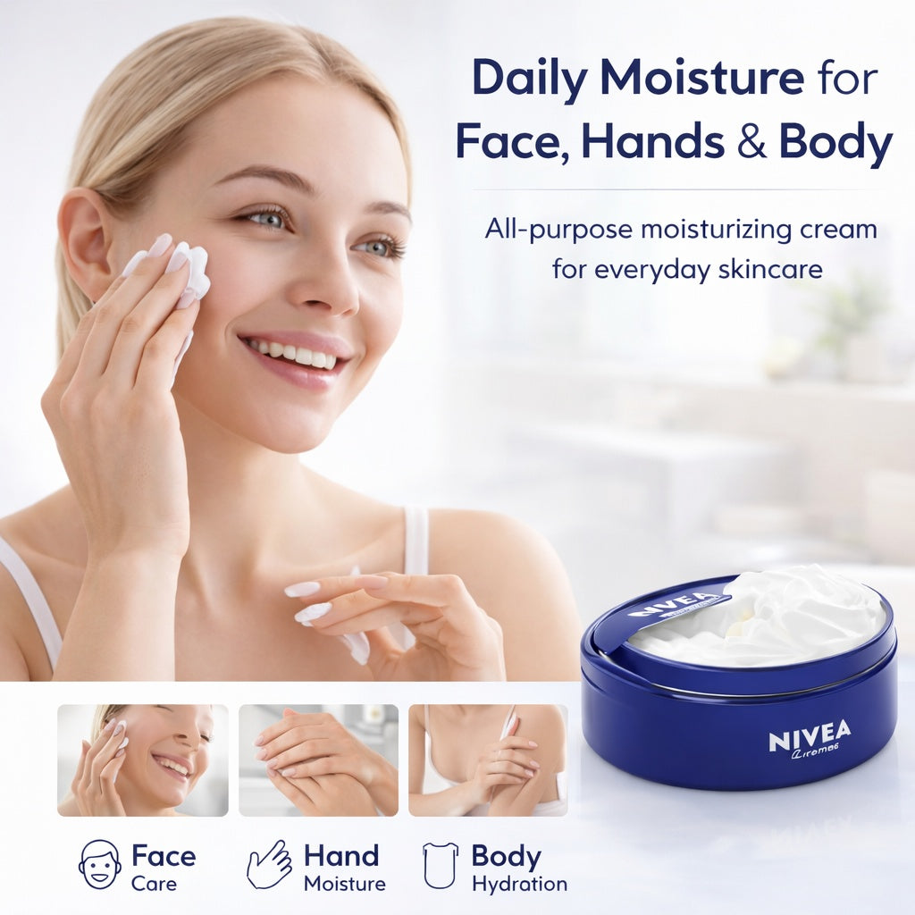 Woman applying cream to face with Nivea jar and product usage icons on a white background