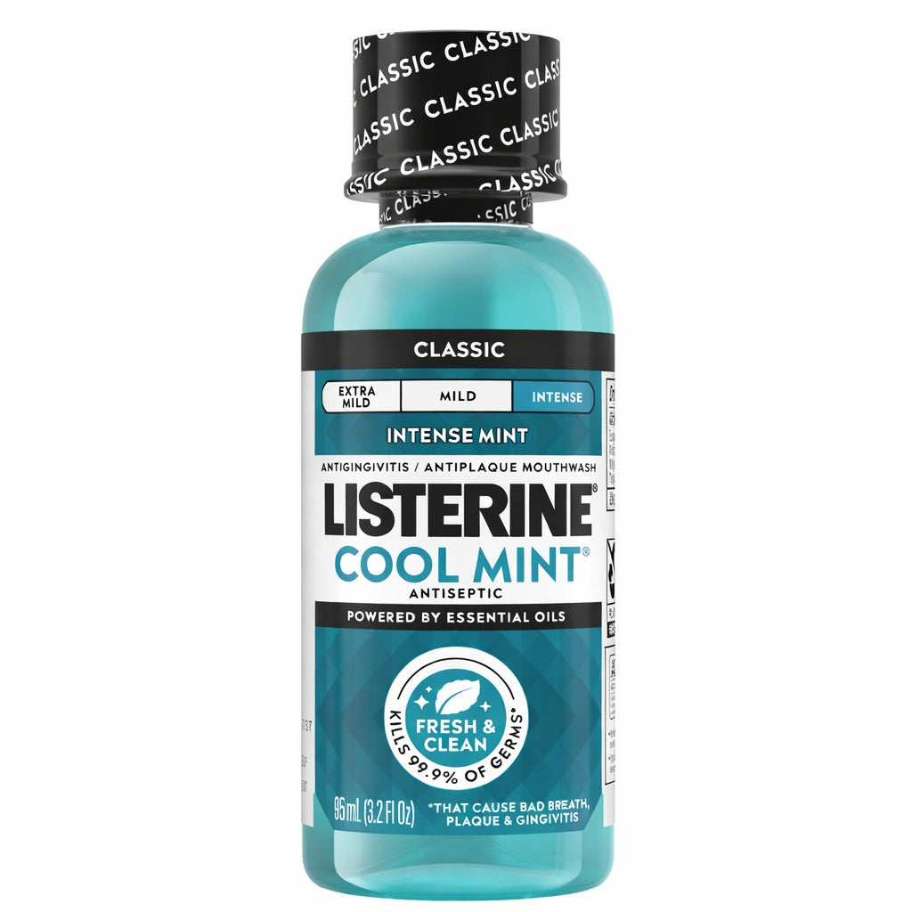 Bottle of Listerine Cool Mint mouthwash on a white background