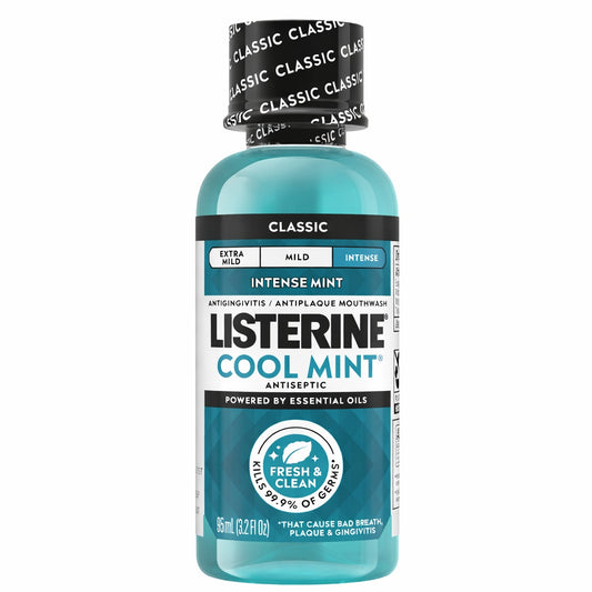 Bottle of Listerine Cool Mint mouthwash on a white background