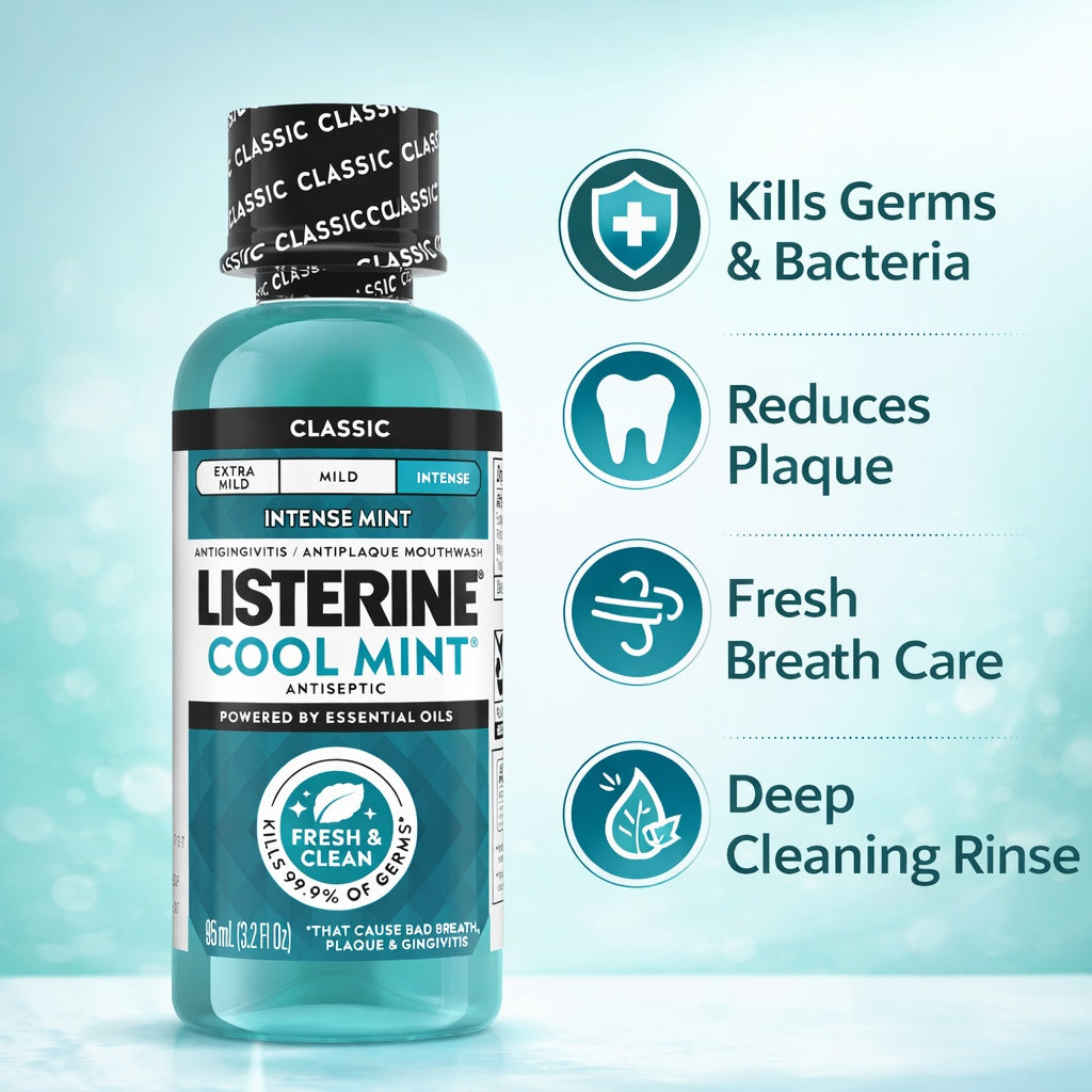 Bottle of Listerine Cool Mint mouthwash with features listed on a light blue background