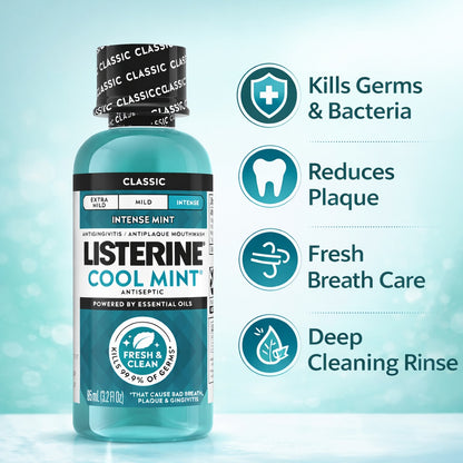 Bottle of Listerine Cool Mint mouthwash with features listed on a light blue background