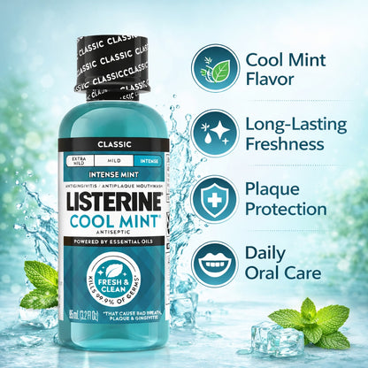 Bottle of Listerine Cool Mint mouthwash with product features on a light blue background