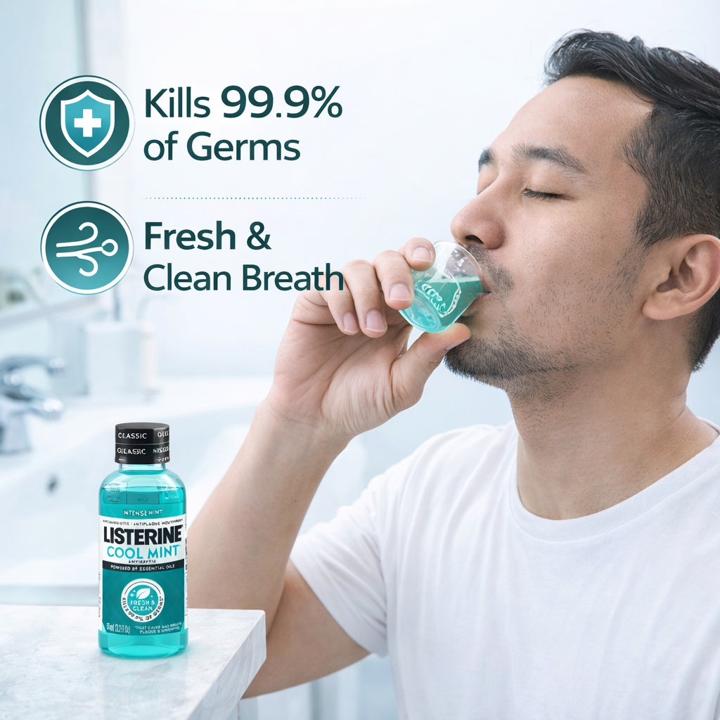 Person using Listerine mouthwash with product packaging displayed.