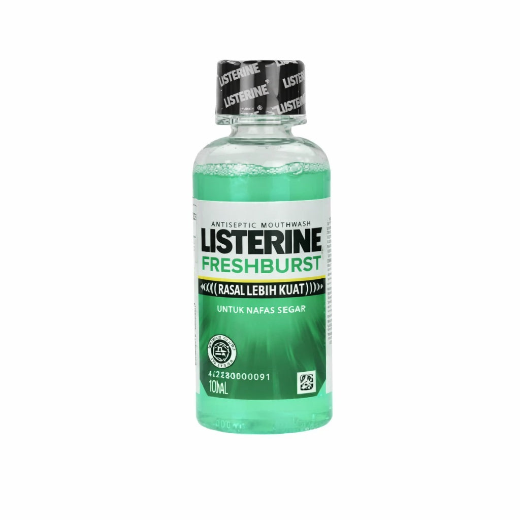 Bottle of Listerine Freshburst mouthwash on a white background