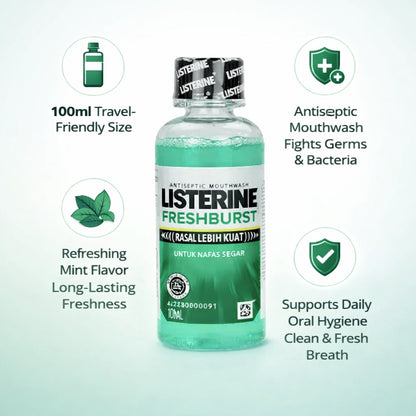Bottle of Listerine Freshburst mouthwash with features listed on a light green background