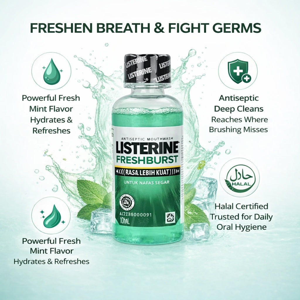 Listerine Freshburst mouthwash bottle with product features on a light blue background