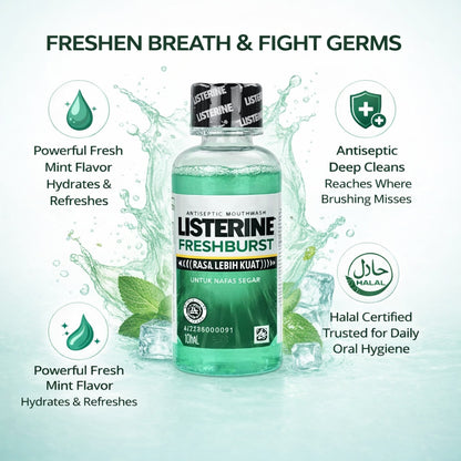 Listerine Freshburst mouthwash bottle with product features on a light blue background