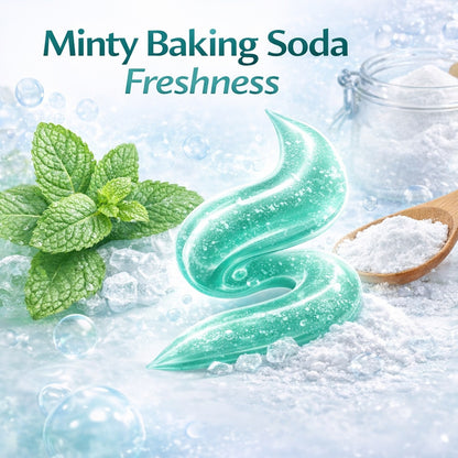 Baking soda with mint leaves and a glass jar on a light blue background