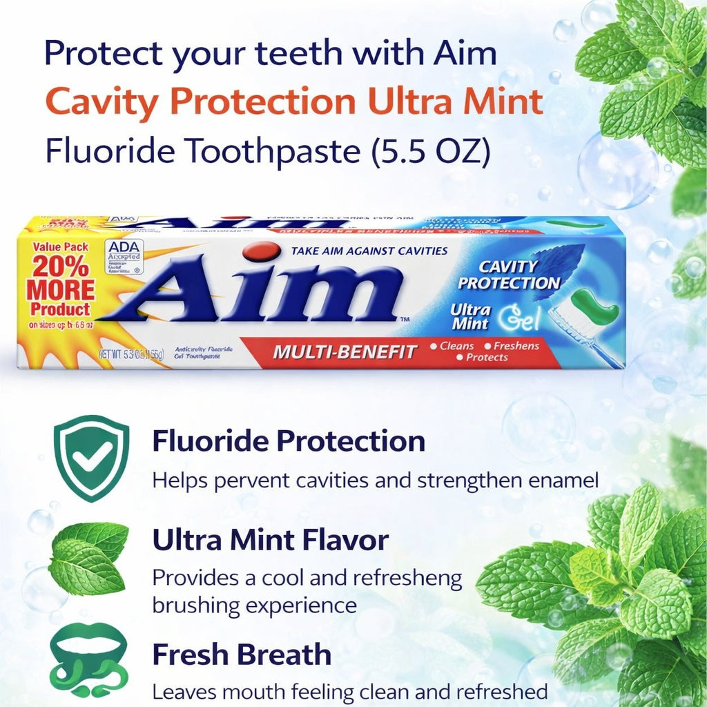 Aim Cavity Protection Ultra Mint Fluoride Toothpaste packaging with mint leaves and text highlighting features.