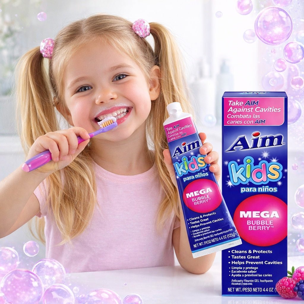 Aim Kids Mega Bubble Berry Anticavity Fluoride Gel Toothpaste 4.4 Ounce Kids Toothpaste size and feature image
