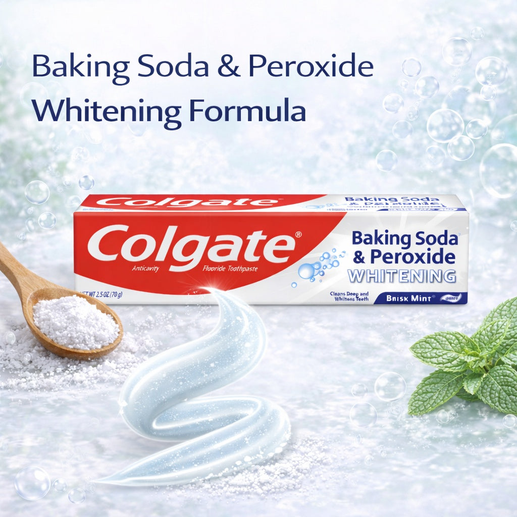 Colgate Baking Soda & Peroxide Whitening toothpaste with baking soda, a wooden spoon, and mint leaves on a white background.