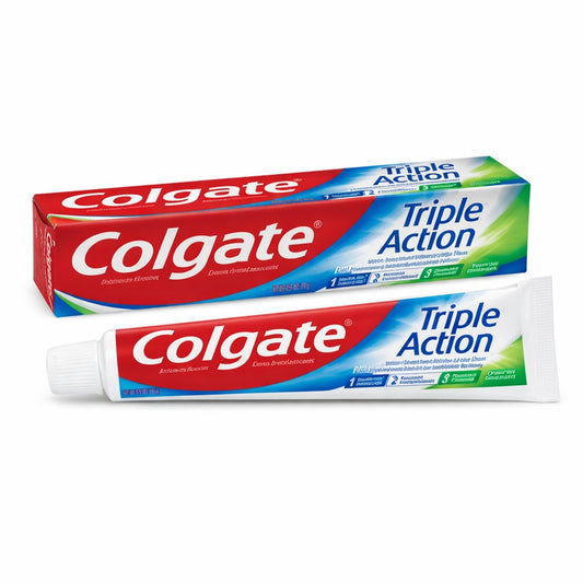 Colgate Triple Action toothpaste tube and packaging on a white background