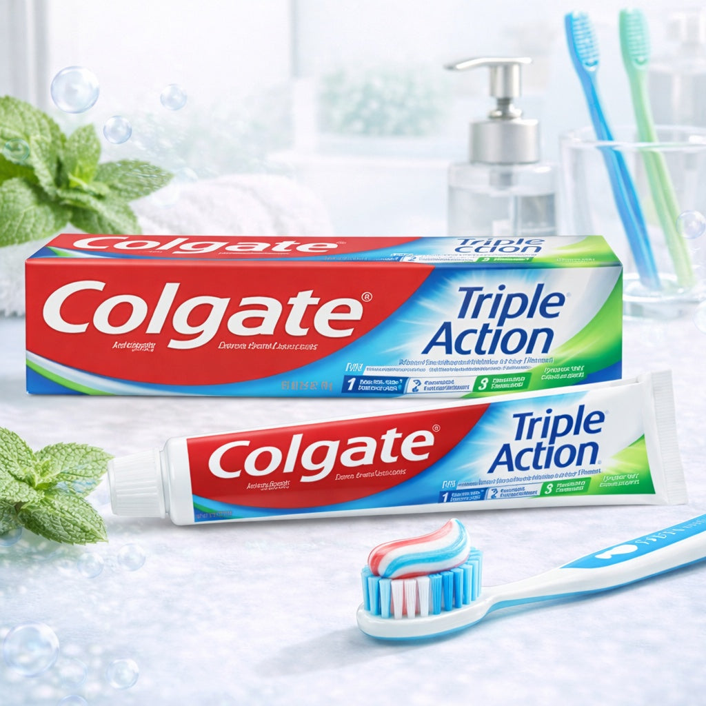 Colgate Triple Action toothpaste with packaging, toothbrushes, and mint leaves on a light background