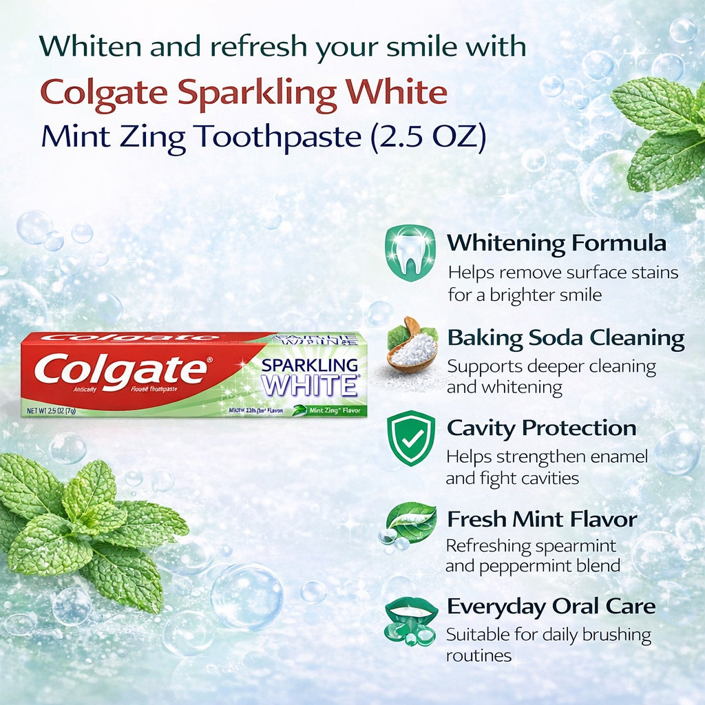 Colgate Sparkling White Mint Zing Toothpaste packaging with product details on a light blue background.