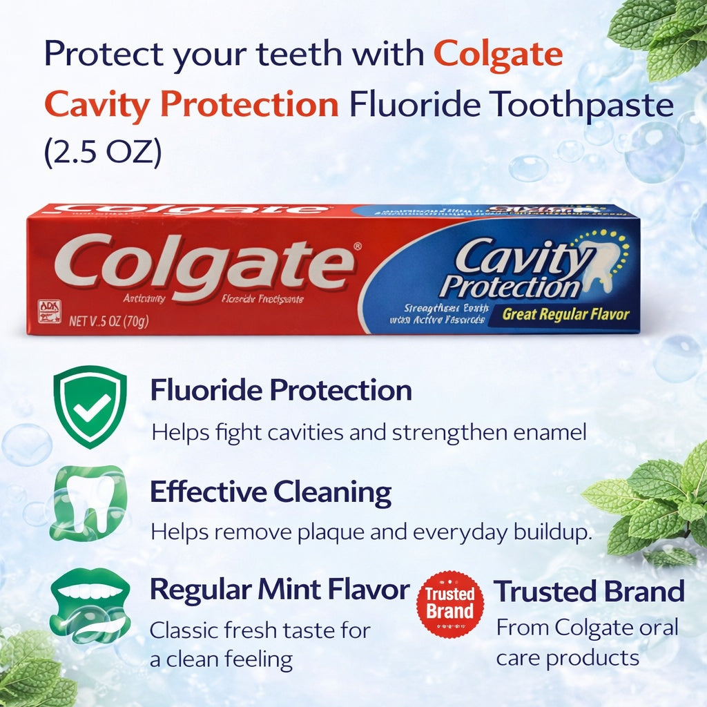Colgate Cavity Protection fluoride toothpaste packaging with product details on a light blue background.