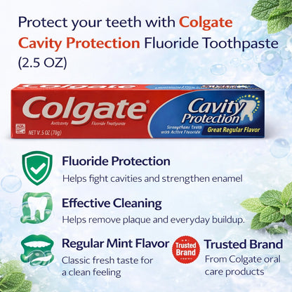 Colgate Cavity Protection fluoride toothpaste packaging with product details on a light blue background.