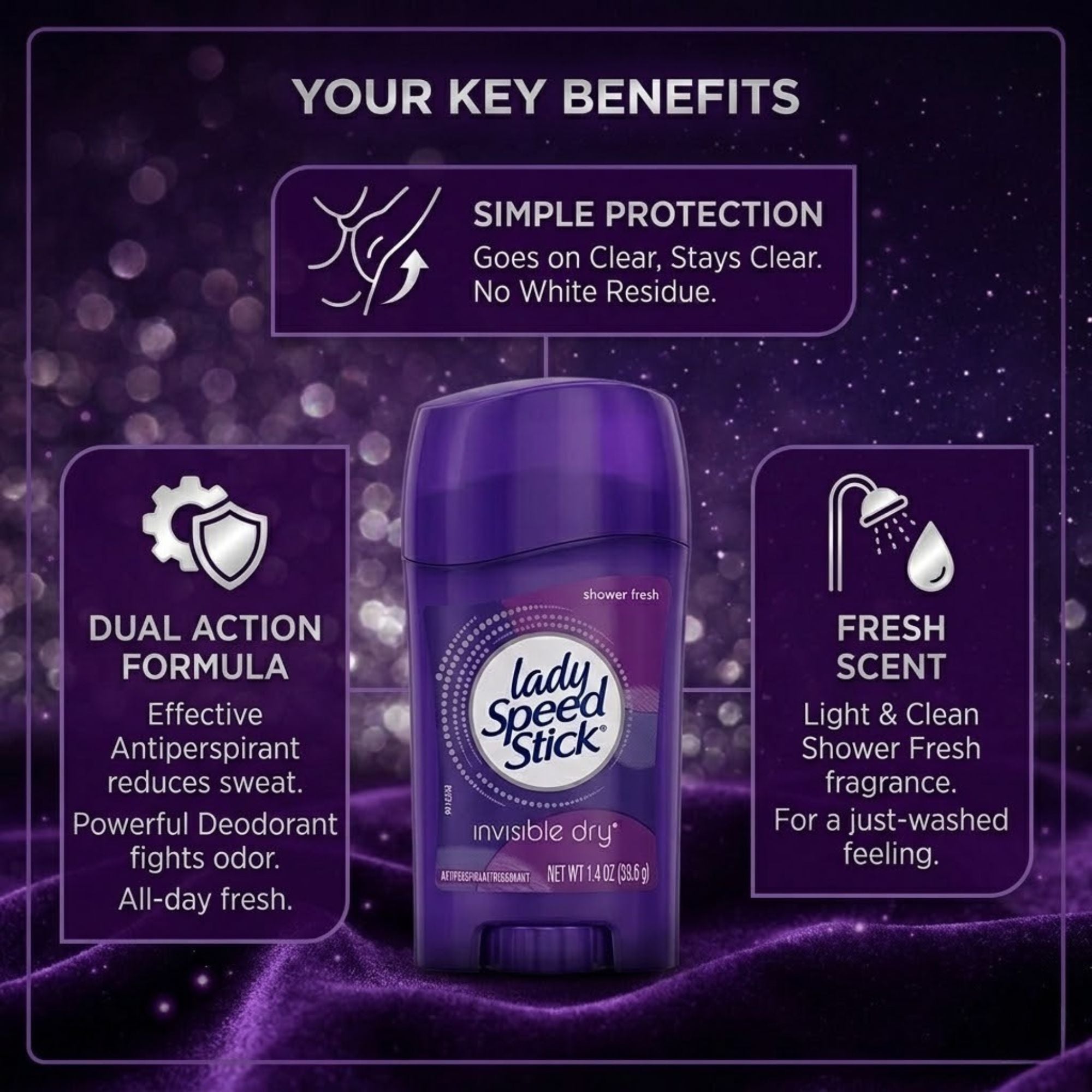 1.4 oz Lady Speed Stick Long Lasting Shower Fresh Deodorant for Women Antiperspirant Stick size and feature image