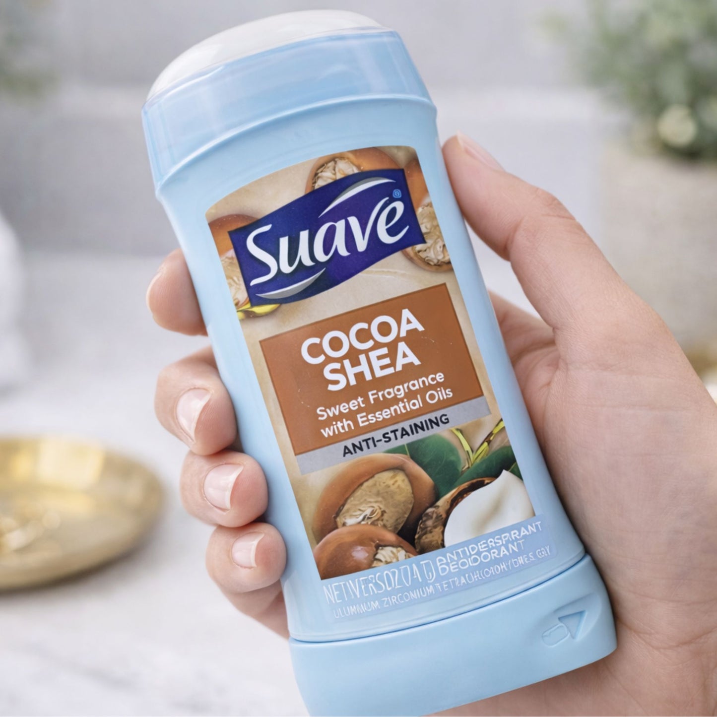 2.4 oz Suave Cocoa Shea Antiperspirant Deodorant Stick Anti Perspirant size and feature image