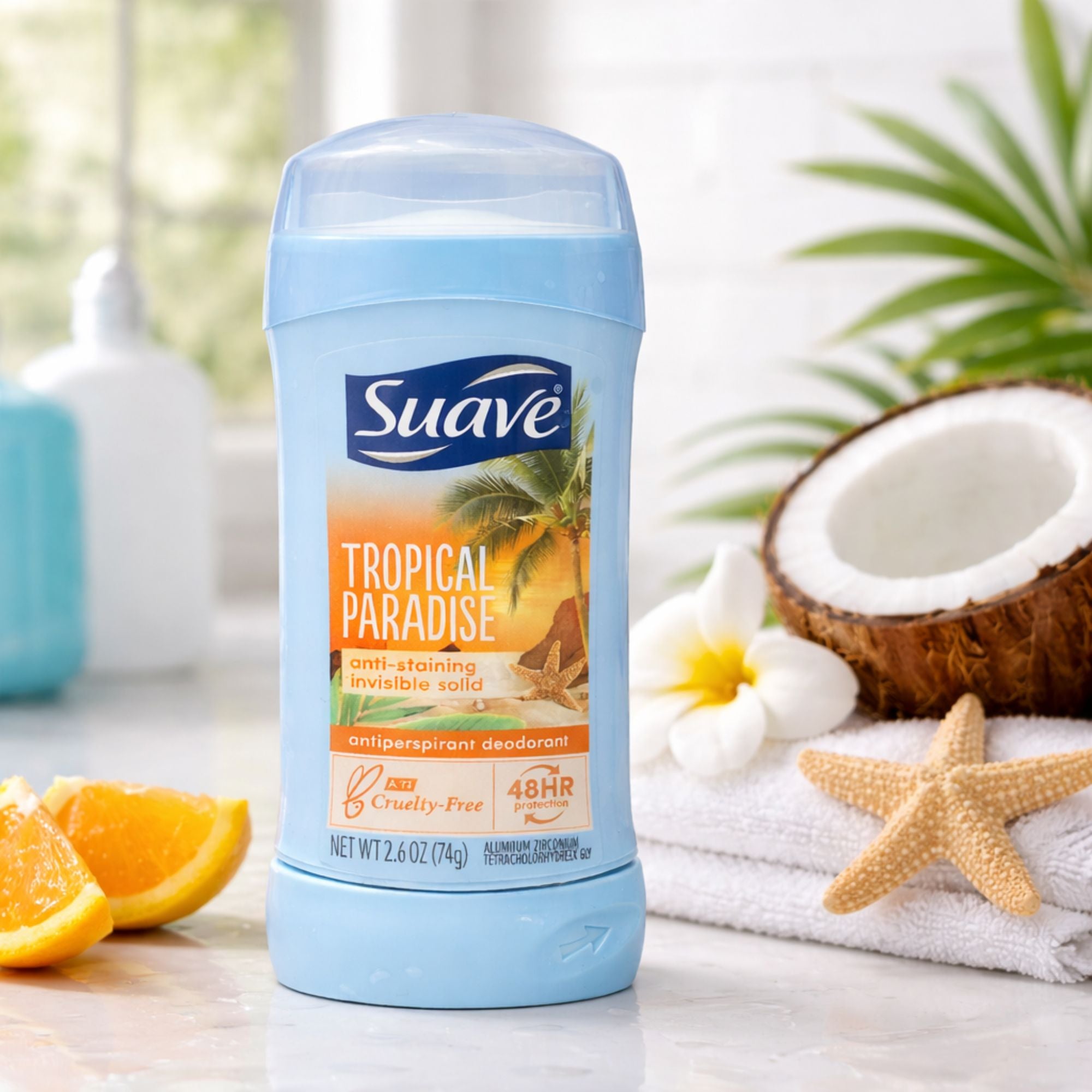 2.4 oz Suave Tropical Paradise Antiperspirant Deodorant Stick Anti Perspirant size and feature image