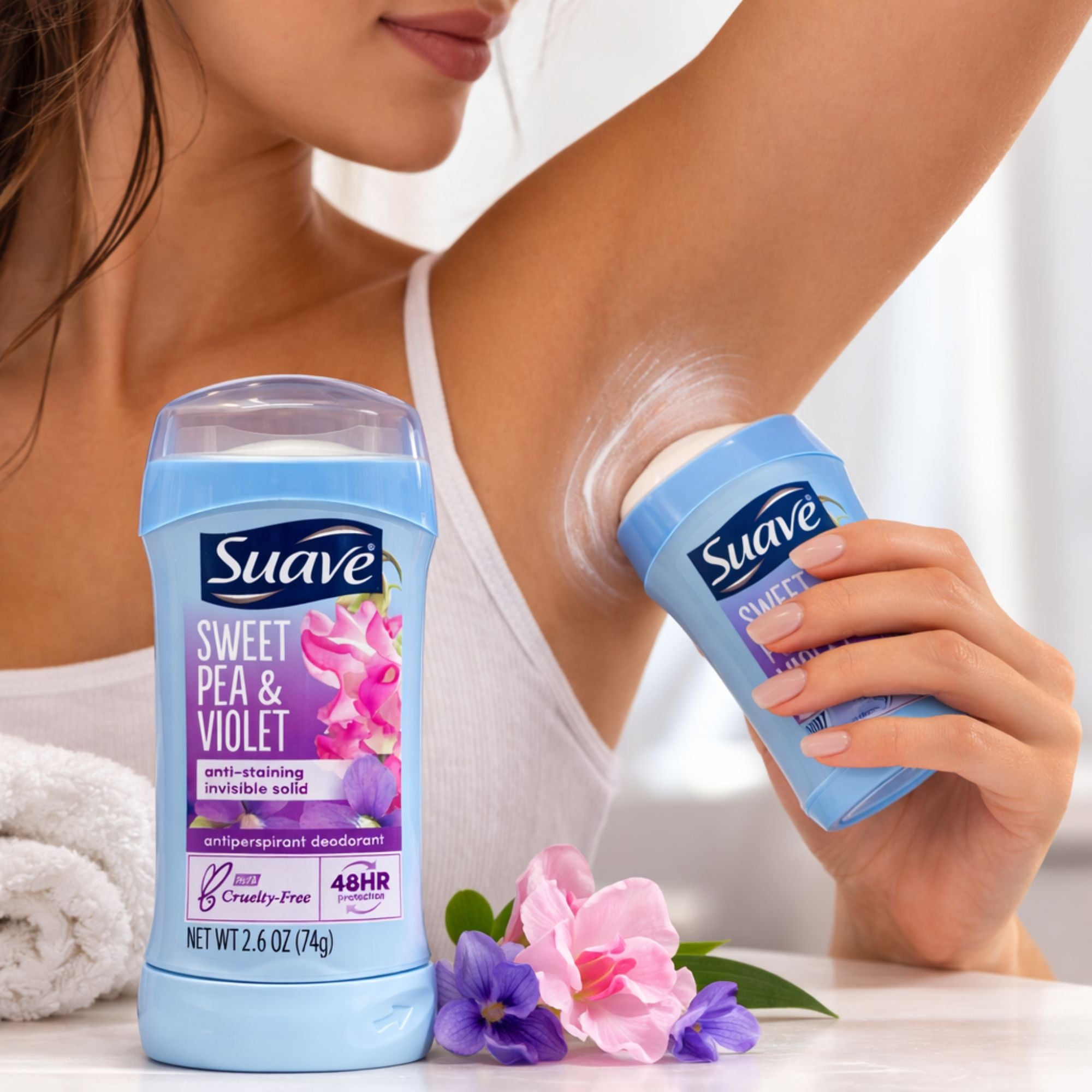 2.4 oz Suave Sweet Pea & Violet Antiperspirant Deodorant Stick Anti Perspirant size and feature image