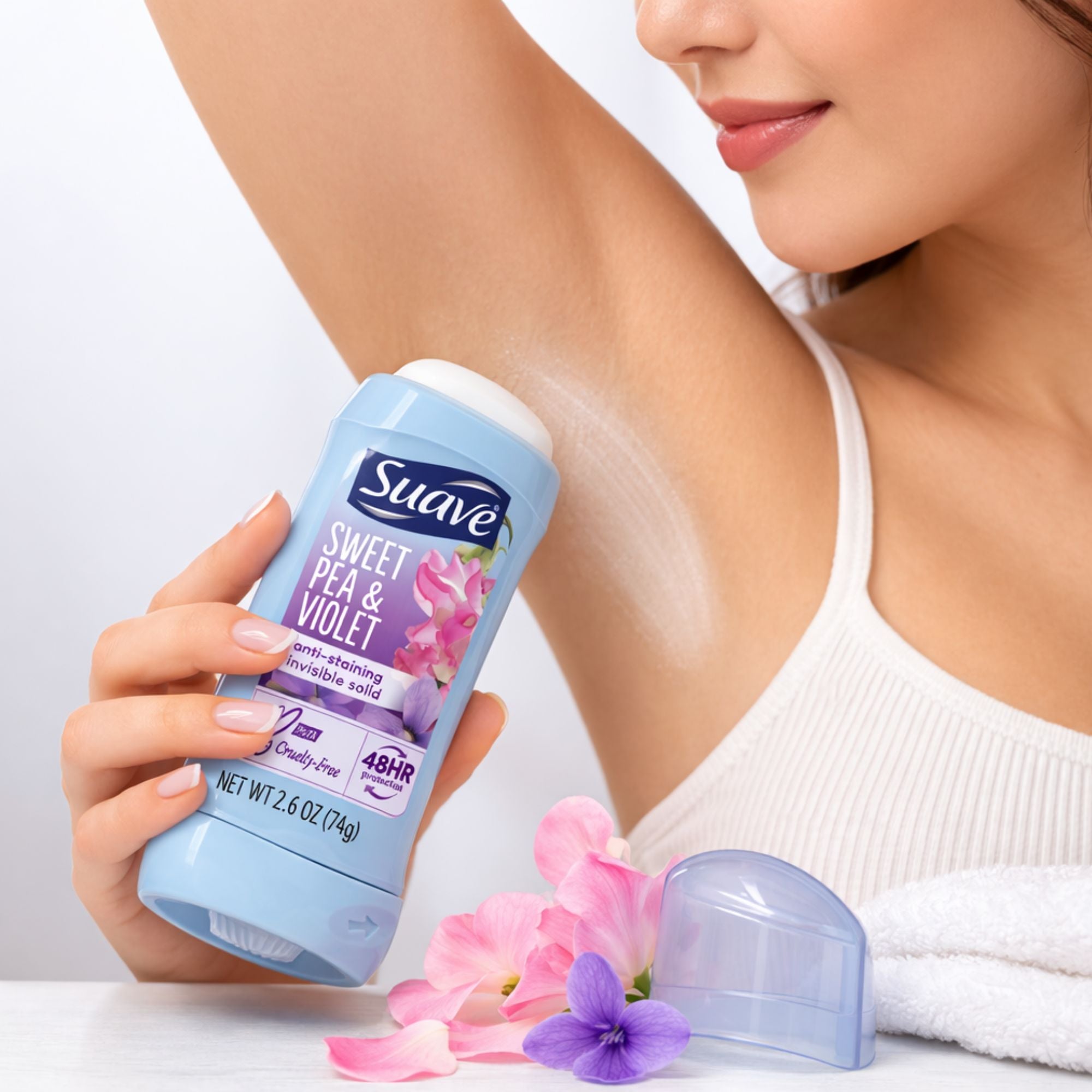 2.4 oz Suave Sweet Pea & Violet Antiperspirant Deodorant Stick Anti Perspirant lifestyle use image