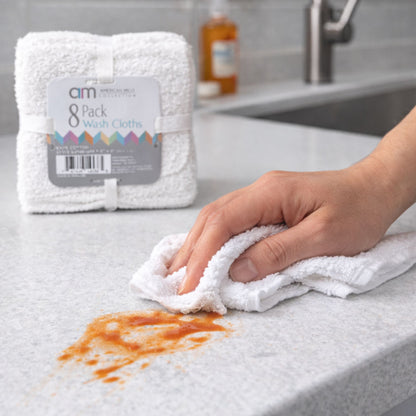 11" X 11" White Wash Cloth 100% Cotton: 8Pcs