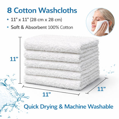 11" X 11" White Wash Cloth 100% Cotton: 8Pcs