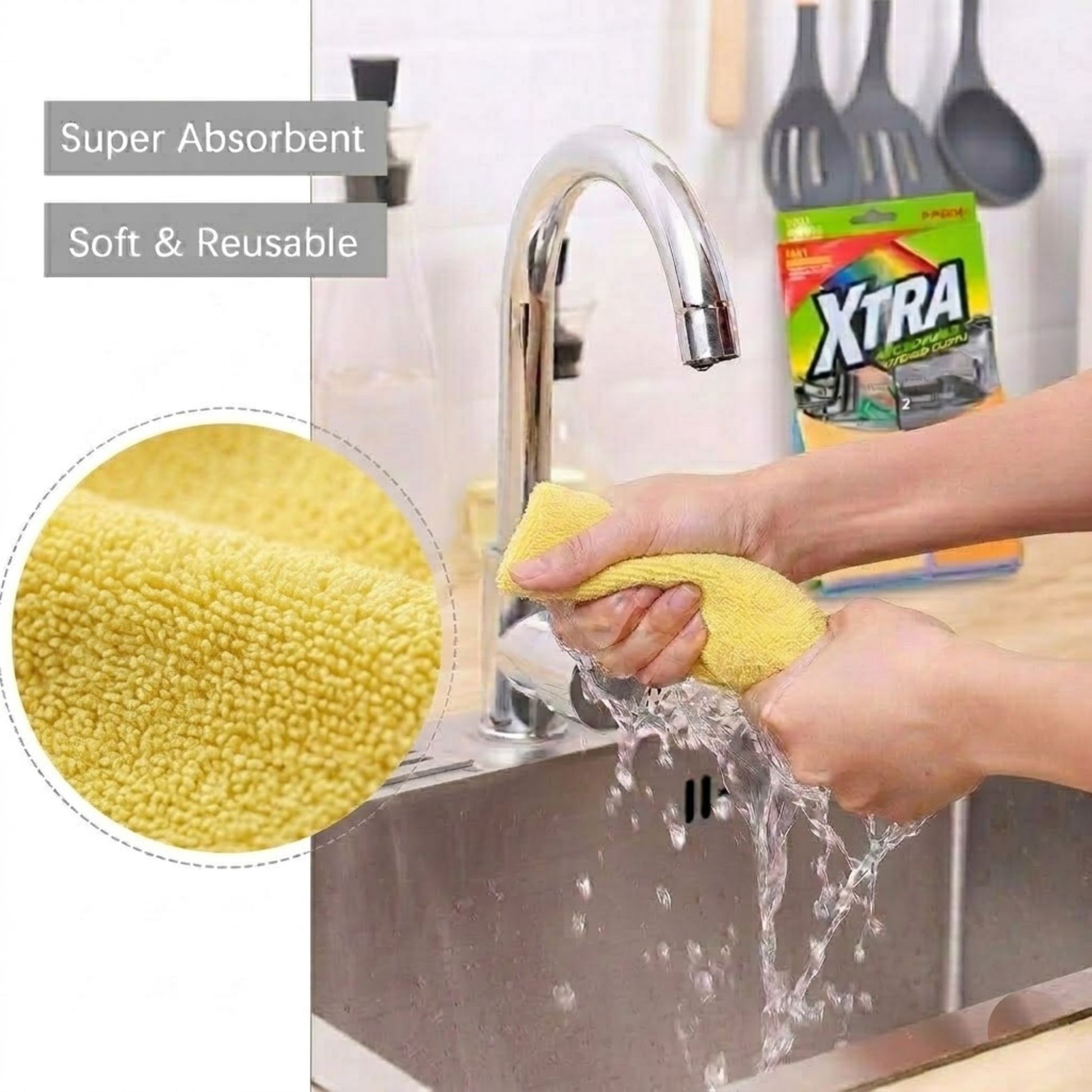 Xtra 2 Pack Fast Absorbing Microfiber Kitchen Cleaning Cloths size and feature image
