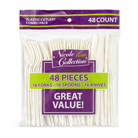 Packaged plastic cutlery set with Nicole Home Collection branding on a white background