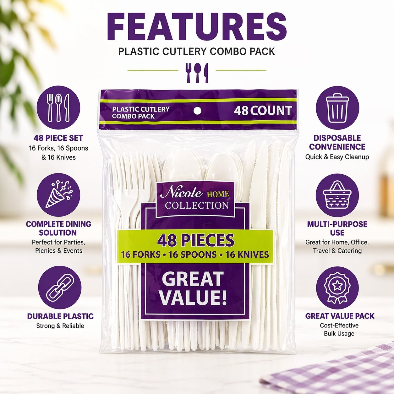 48 Count Plastic Cutlery Set – Forks, Spoons & Knives Disposable Cutlery product detail image
